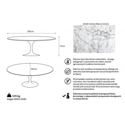 Stół TULIP ELLIPSE MARBLE CARRARA biały - blat owalny marmurowy, metal